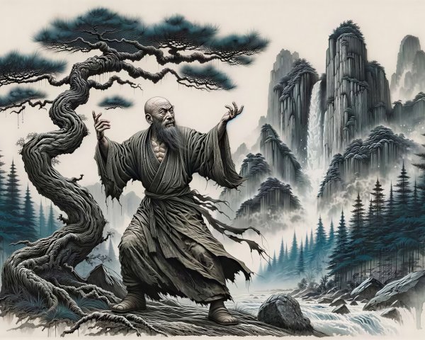 Ink Wash Painting of a Wise Monk in Dynamic Pose