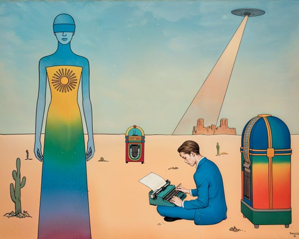 Surreal Desert Scene with Blue Figure and Typewriter