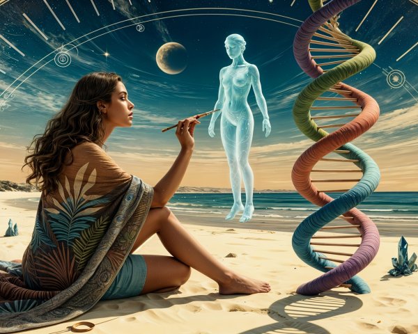 Beach Scene with Woman, Hologram, and DNA Strand