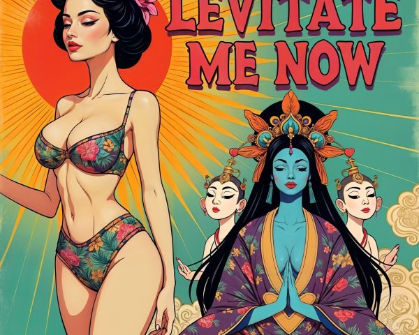 Vibrant Illustration of Woman in Floral Bikini and Figures
