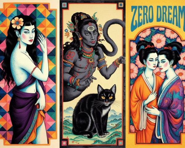 Vibrant Triptych Featuring Diverse Figures and Themes