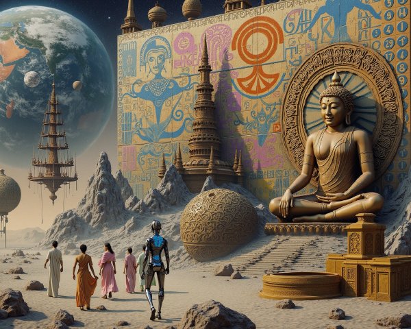 Surreal Landscape with Futuristic Figures and Monuments