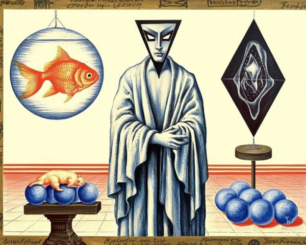Surreal Scene with Hooded Figure and Geometric Elements