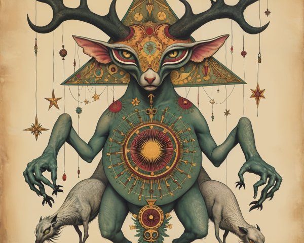 Fantastical creature with antlers and celestial backdrop