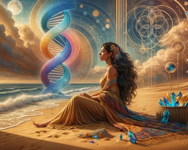 Woman on Beach with DNA Helix and Crystals