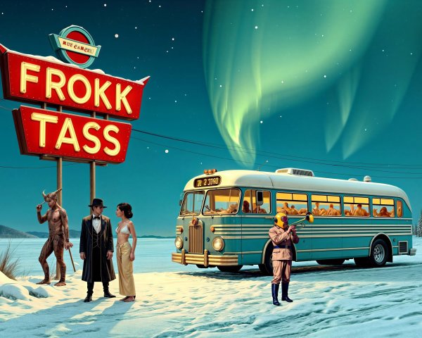 Surreal Snowy Landscape with Retro Bus and Aurora