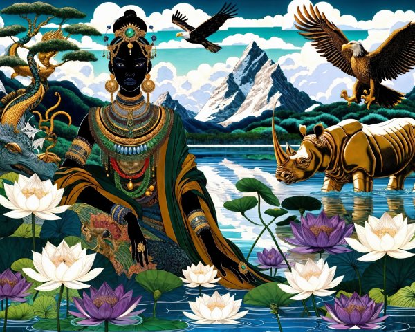 Serene Figure in Ornate Jewelry Amidst Nature's Beauty