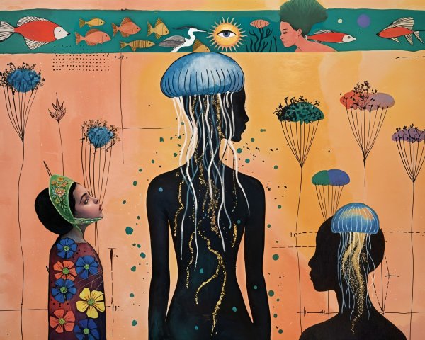 Silhouetted Figures with Jellyfish and Fish Elements