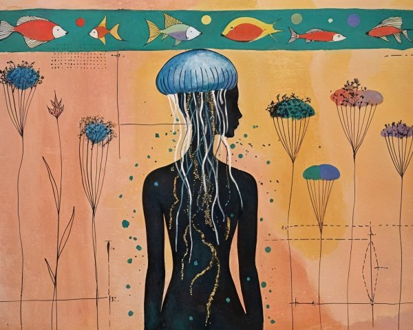 Silhouette with Jellyfish Headdress and Colorful Fish
