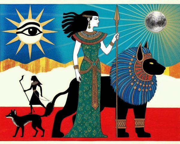 Stylized depiction of ancient Egyptian themes with figures