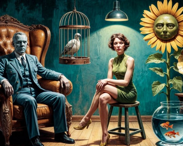 Surreal Scene with Man, Woman, and Eclectic Decor