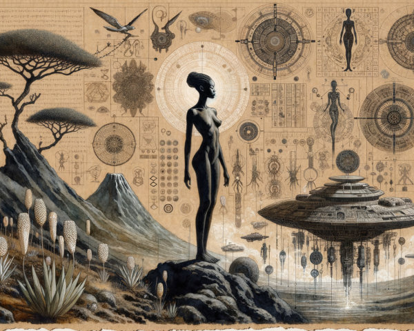 Silhouetted Figure on Rocky Landscape with Celestial Themes