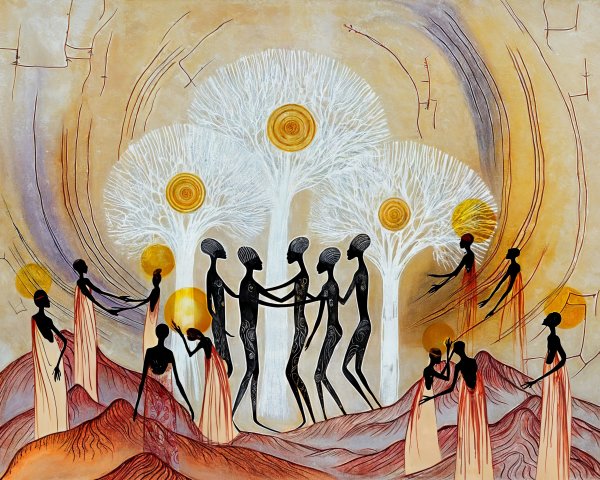 Abstract Figures in Silhouette Amidst Vibrant Landscape