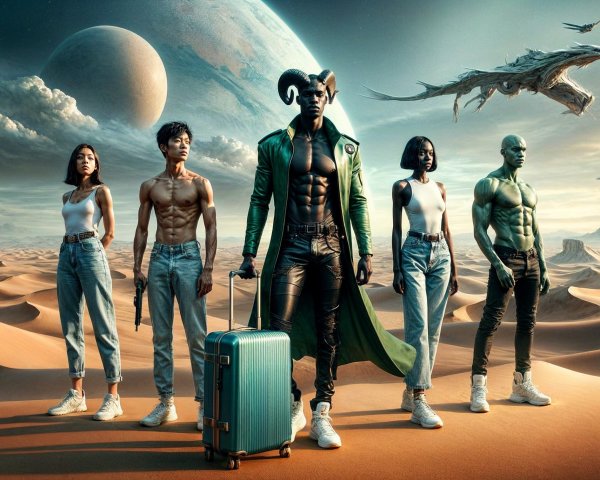 Diverse Group in Futuristic Fashion in Surreal Desert