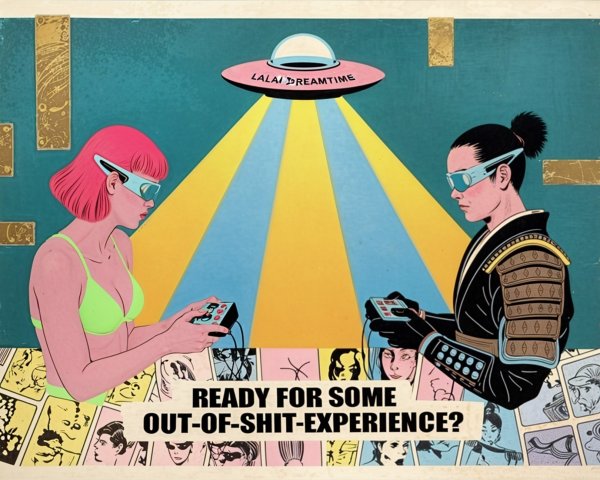 Retro Illustration of Characters Gaming Under UFO Light