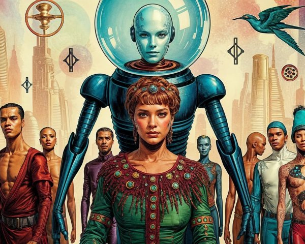 Futuristic Scene with Diverse Characters and Skyscrapers