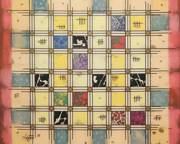 Mixed Media Painting with Patterned Squares and Tally Marks