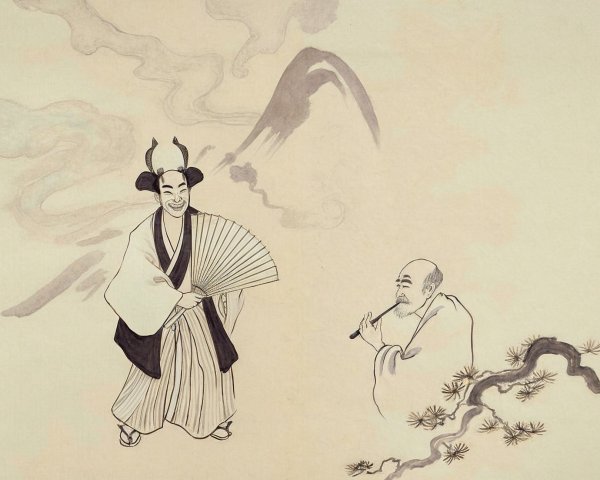 Traditional Eastern Scene with Figures and Nature Elements