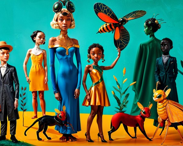 Vibrant Scene of Stylized Characters and Insects