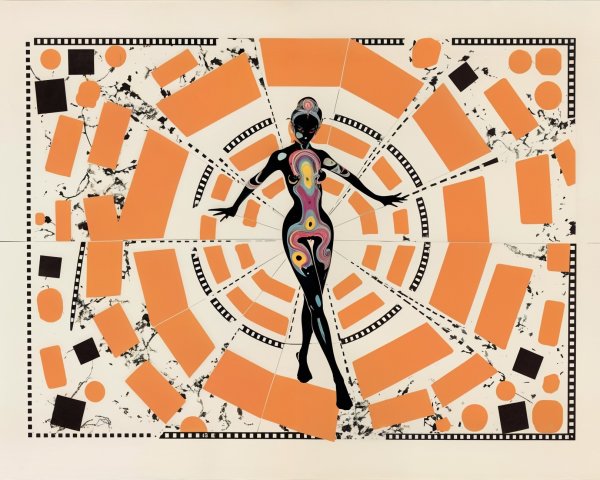 Abstract Design with Silhouetted Figure and Vibrant Colors