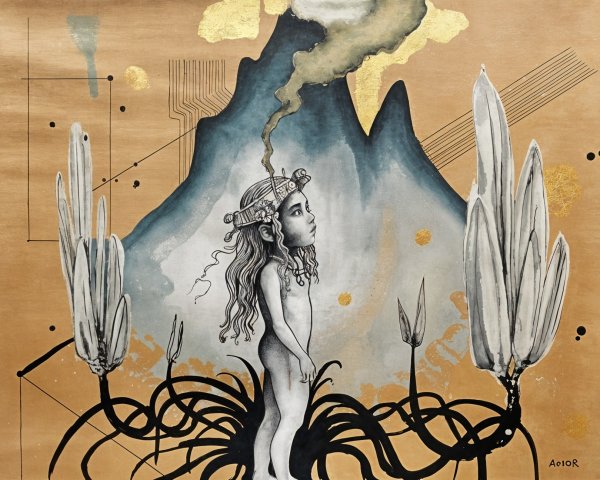 Young Girl in Surreal Landscape with Abstract Elements