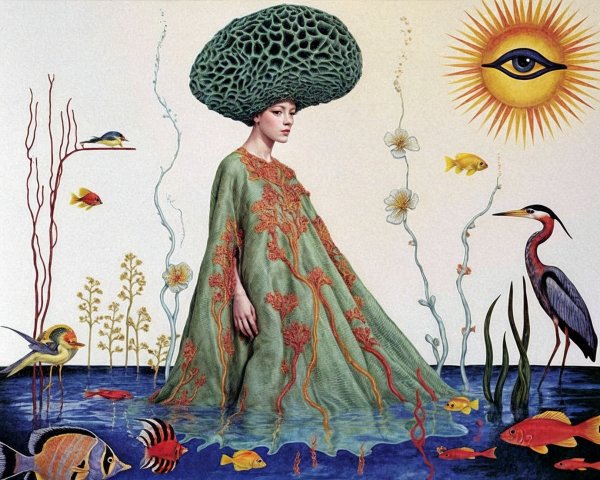 Surreal Scene of Woman in Water with Coral Headpiece