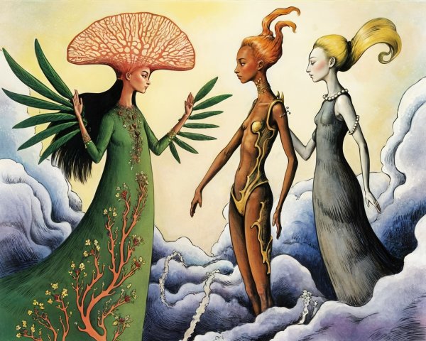 Surreal Illustration of Ethereal Figures in Landscape