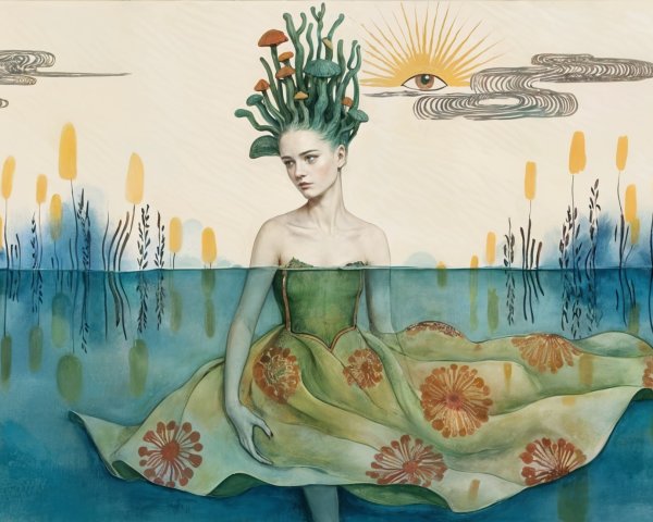 Ethereal Figure in Floral Dress Surrounded by Nature