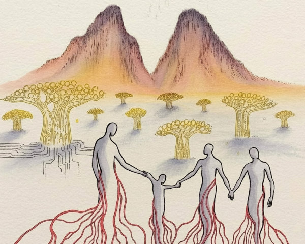 Abstract Figures with Roots and Mountain Landscape