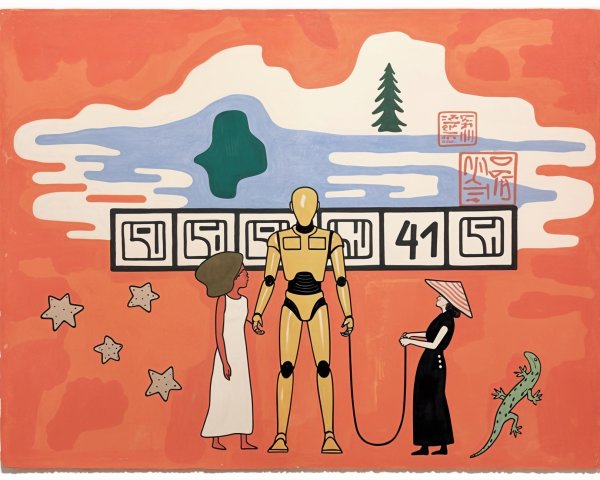 Abstract Artwork of Robot, Child, and Woman in Landscape