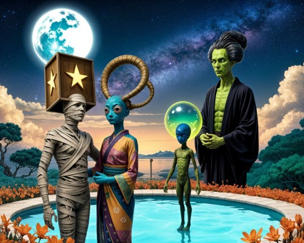 Extraterrestrial Beings by a Serene Pool Under Stars