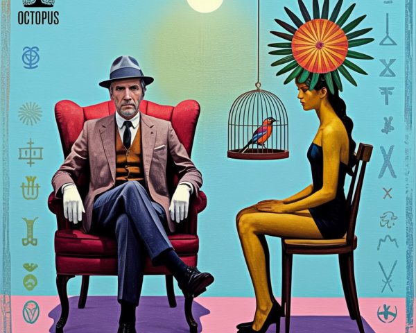 Surreal Scene with Colorful Figures and Intricate Symbols