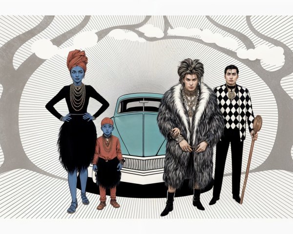 Vibrant Scene with Blue-Skinned Figures and Vintage Car