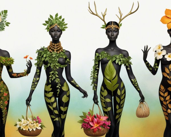 Stylized Figures with Nature-Inspired Designs and Baskets