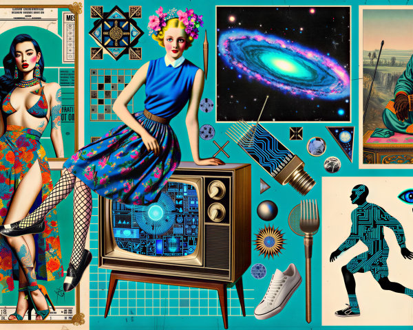 Vibrant Collage of Retro and Futuristic Elements