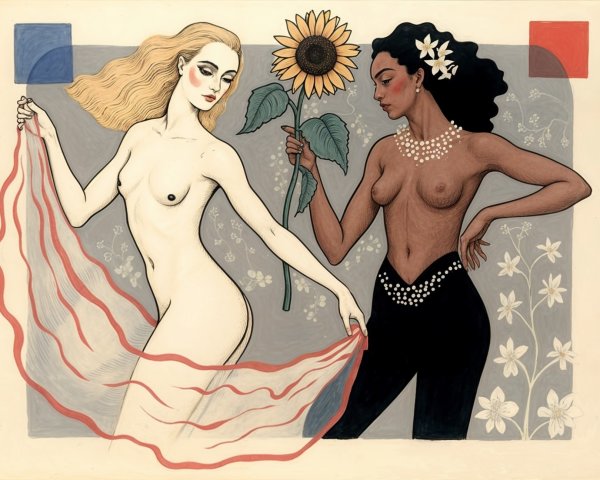 Stylized Artwork of Two Women with Floral Motifs