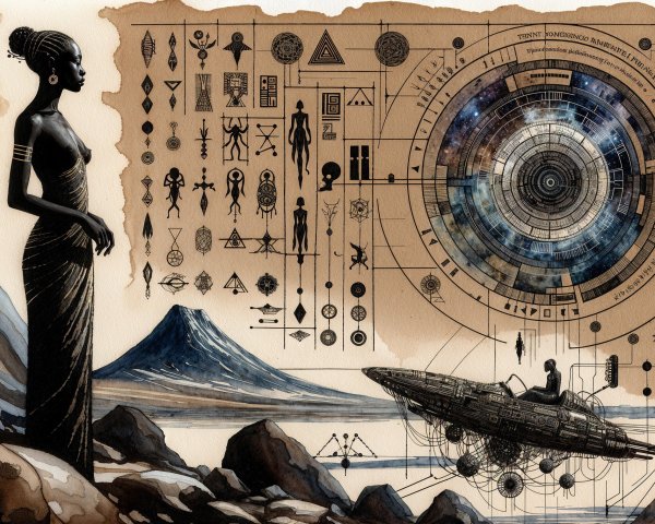 Serene Figure in Black Dress with Futuristic Spacecraft