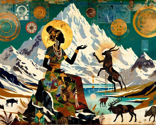 Serene Figure Amid Majestic Mountains and Wildlife
