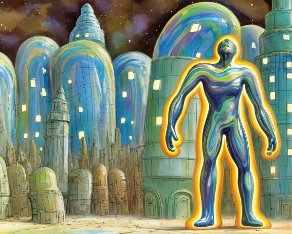 Surreal Landscape with Multicolored Humanoid Figure