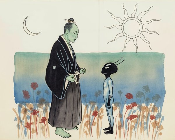 Traditional Samurai and Extraterrestrial in Tranquil Scene