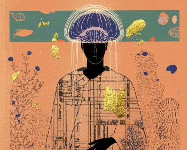 Silhouette with Jellyfish Motif on Orange Background