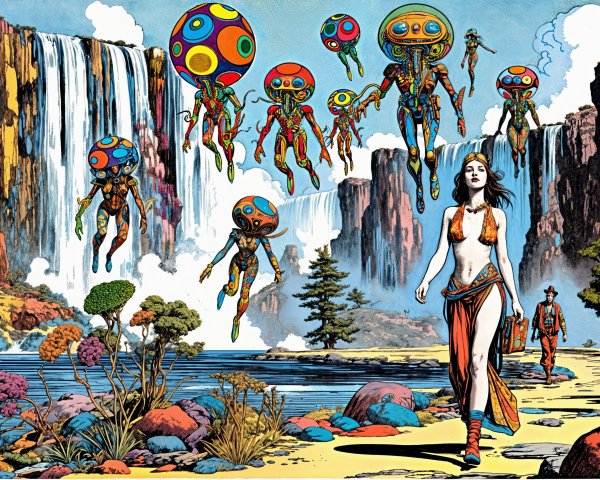 Vibrant Landscape with Waterfalls and Whimsical Creatures