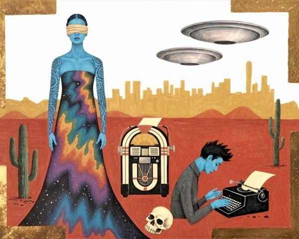 Surreal Desert Scene with Blue Figure and UFOs