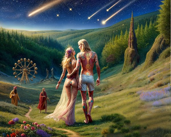 Couple in Mystical Landscape with Vintage Ferris Wheel