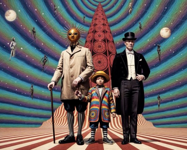 Surreal Artwork with Figures on Striped Ground