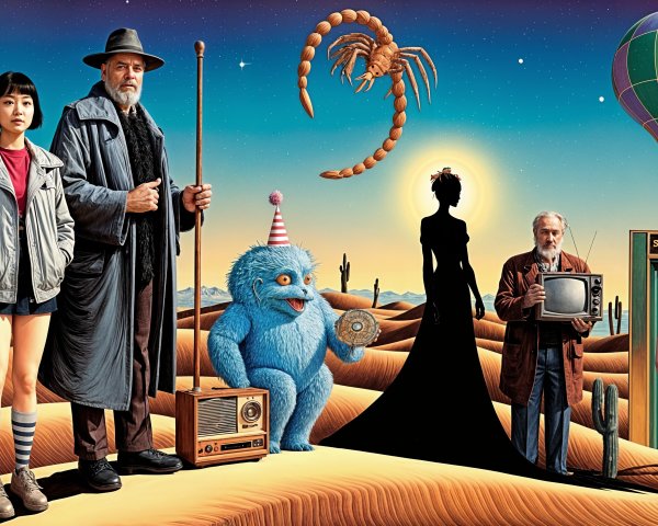 Whimsical Desert Landscape with Eclectic Characters