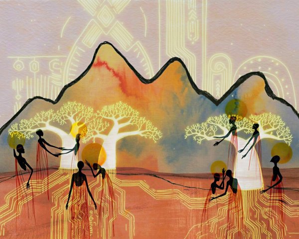 Abstract Scene of Silhouetted Figures and Trees