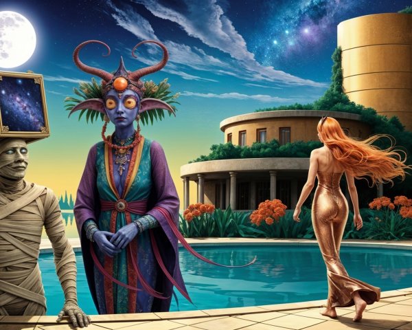 Surreal Moonlit Scene with Cosmic Figures and Nature