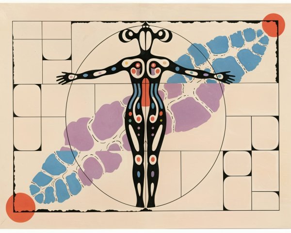 Stylized Human Figure Surrounded by Abstract Shapes