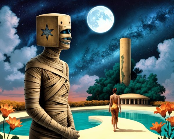 Surreal Landscape with Bandaged Figure and Moonlit Scene